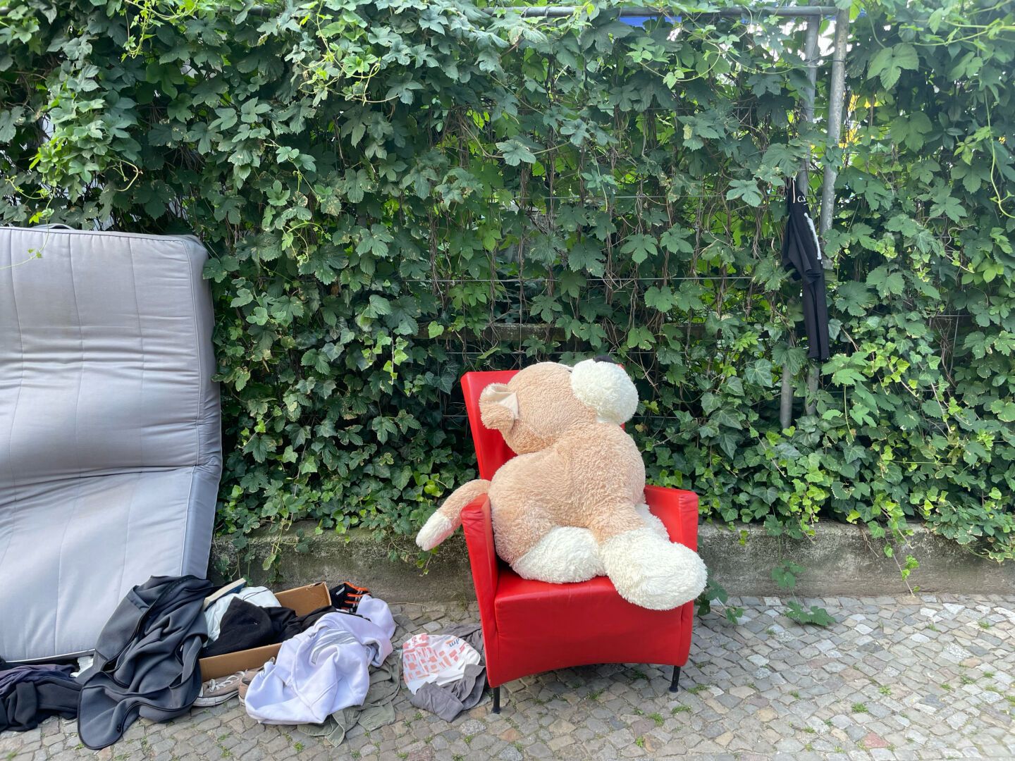 It’s a photo of a bunch of objects for take away one of which is a red chair with a huge teddy bear on it.